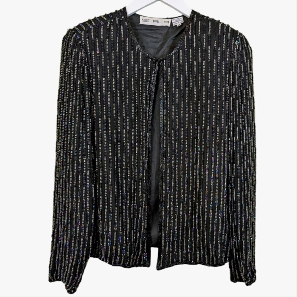 Vintage Beaded Jacket‎ 100% Silk Scala Sequins Black Evening M